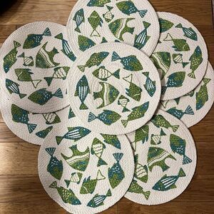 Set Of 8 Woven Braided Round Fish Placemats 15” Blue Green Beach Nautical